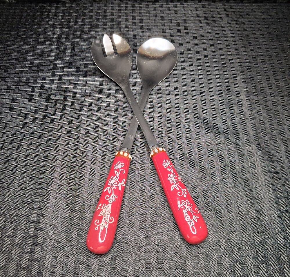 Temp-tations Ceramic Floral Lace Red Salad Serving Utensil Set Fork Spoon